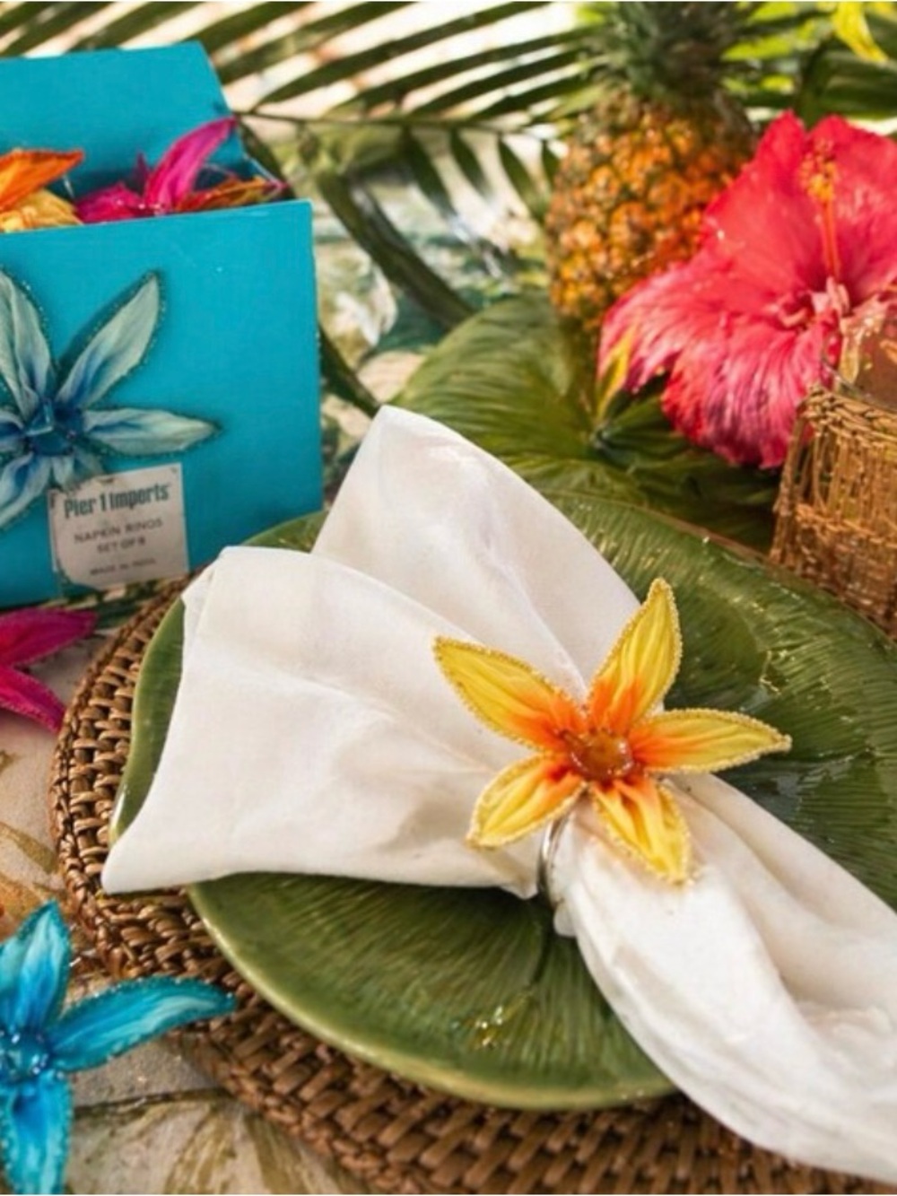 Vintage Pier1 Floral Napkin Rings Set of 8 -Tropical Table Decor| Colorful Boho
